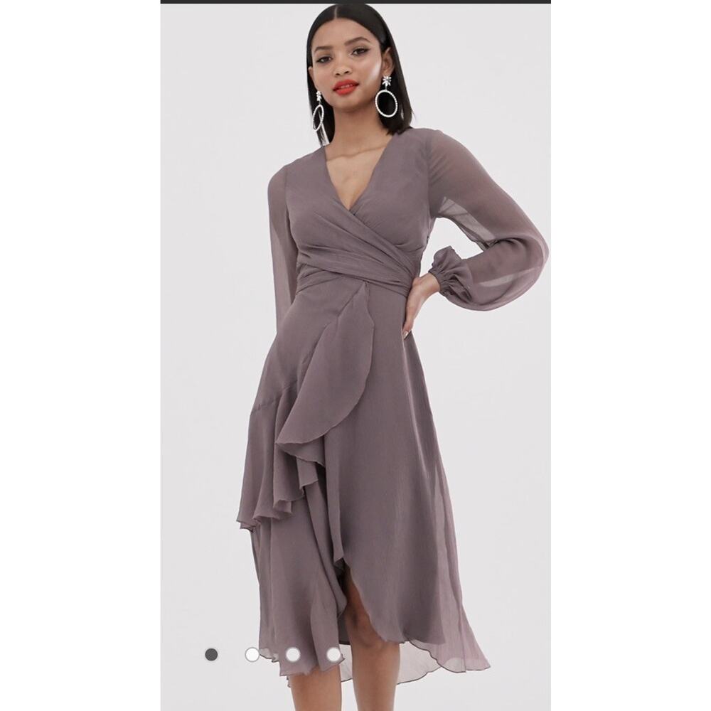 ASOS DESIGN Wrapwaist Midi Dress Sz 6 Double Layer Skirt Long Sleeve Lavender - Picture 4 of 14